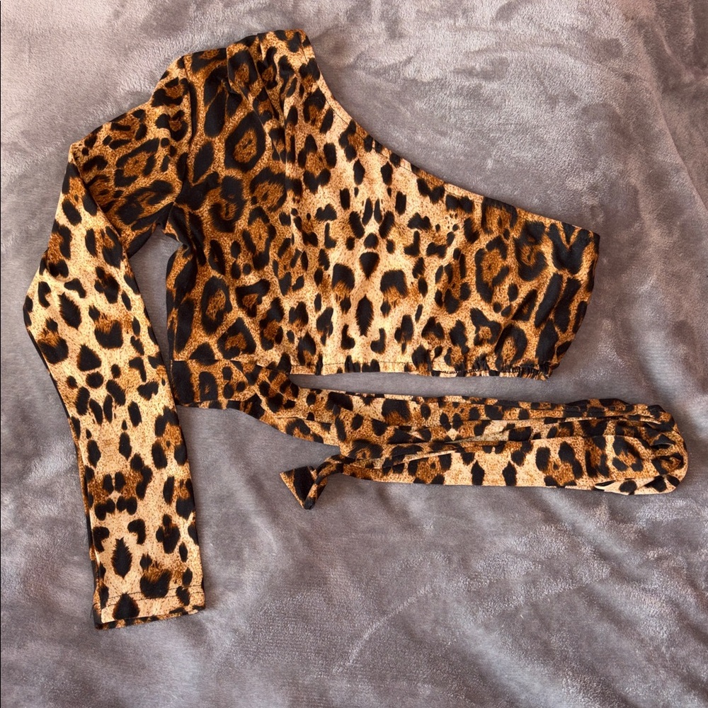 SHEIN Leopard Print One Shoulder Crop Top Medium Wrap Tie Y2K Mob Wife Chic